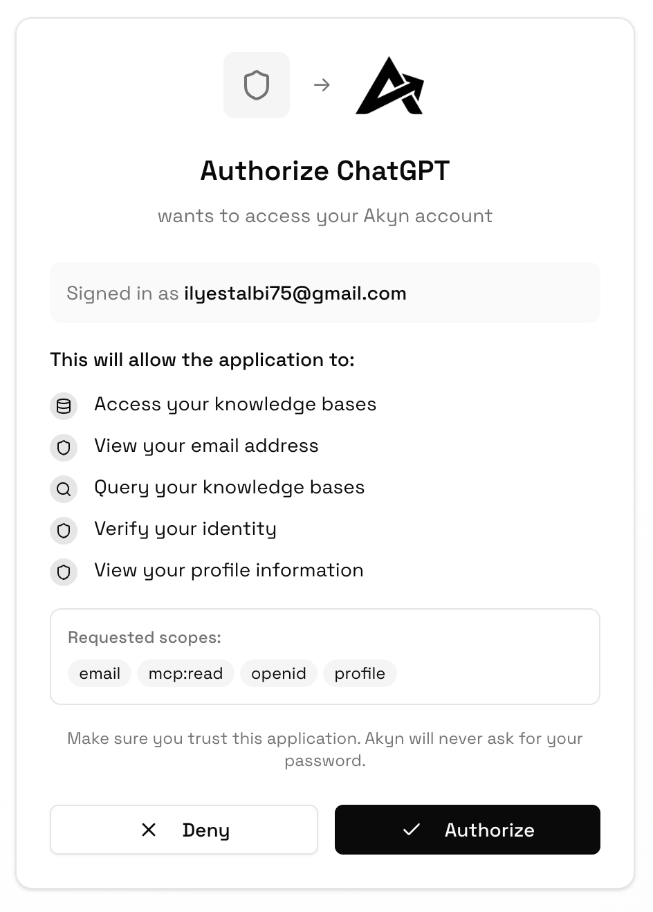 Akyn OAuth authorization panel for ChatGPT