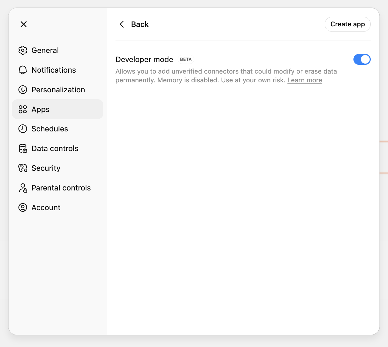 Developer mode toggle in ChatGPT advanced settings
