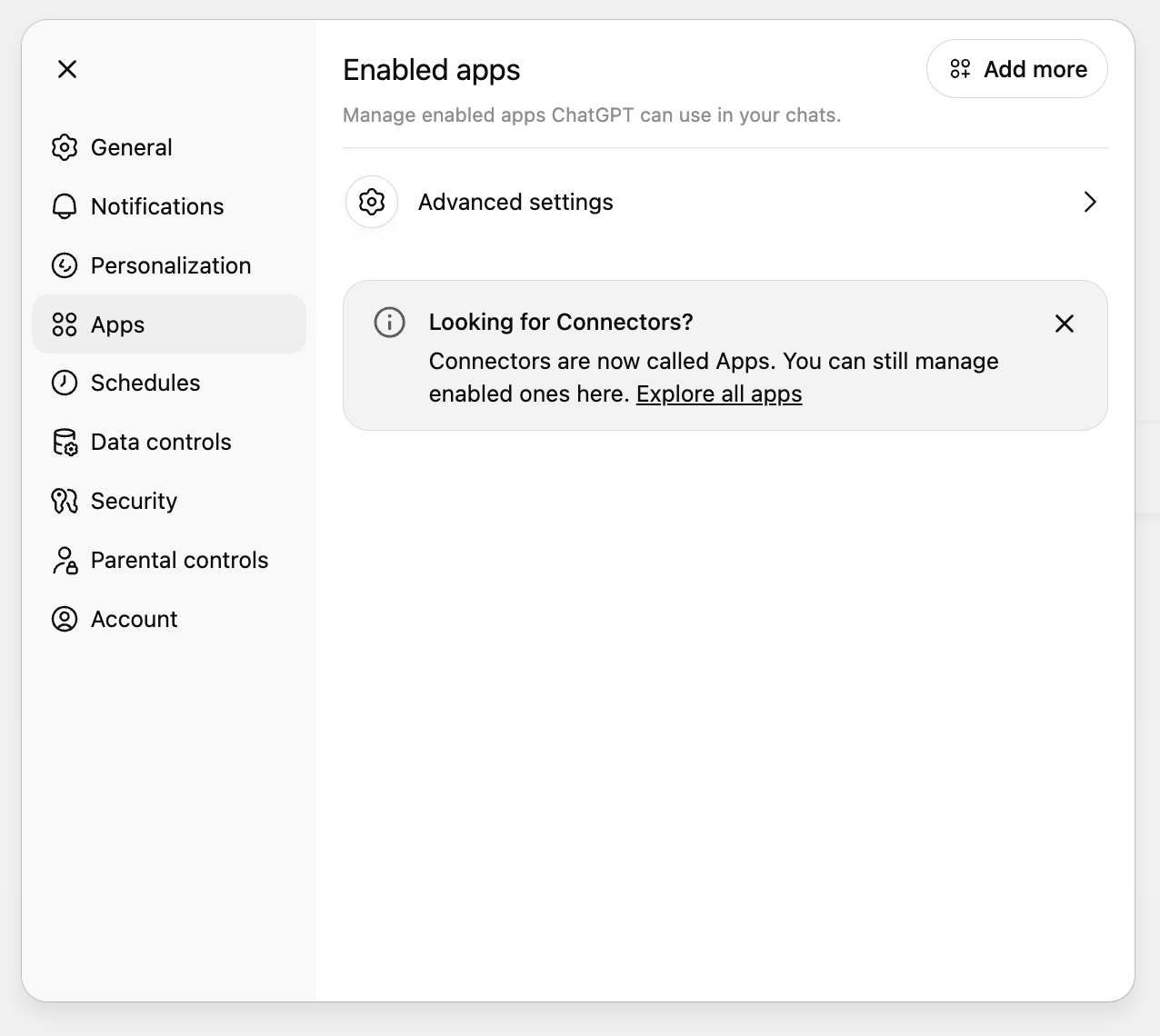 ChatGPT settings with Apps section highlighted