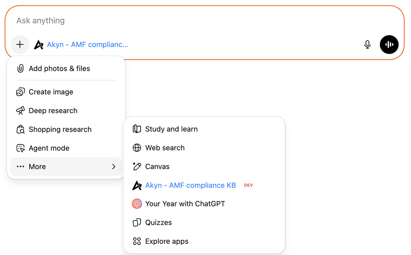 ChatGPT chat with Akyn knowledge base available in tools menu