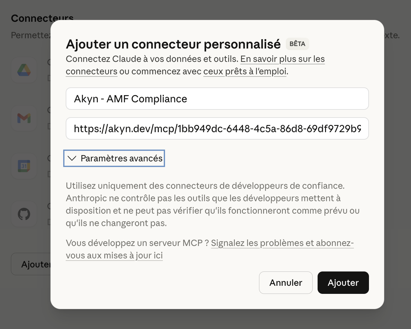 Add custom connector dialog with name and URL fields