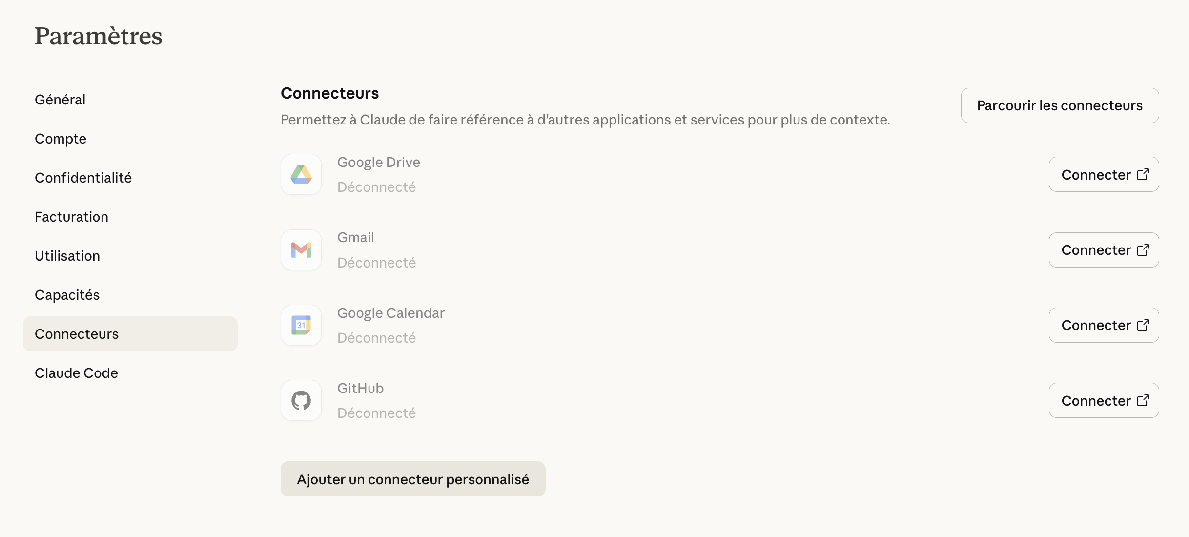 Connectors settings page with Add a custom connector button