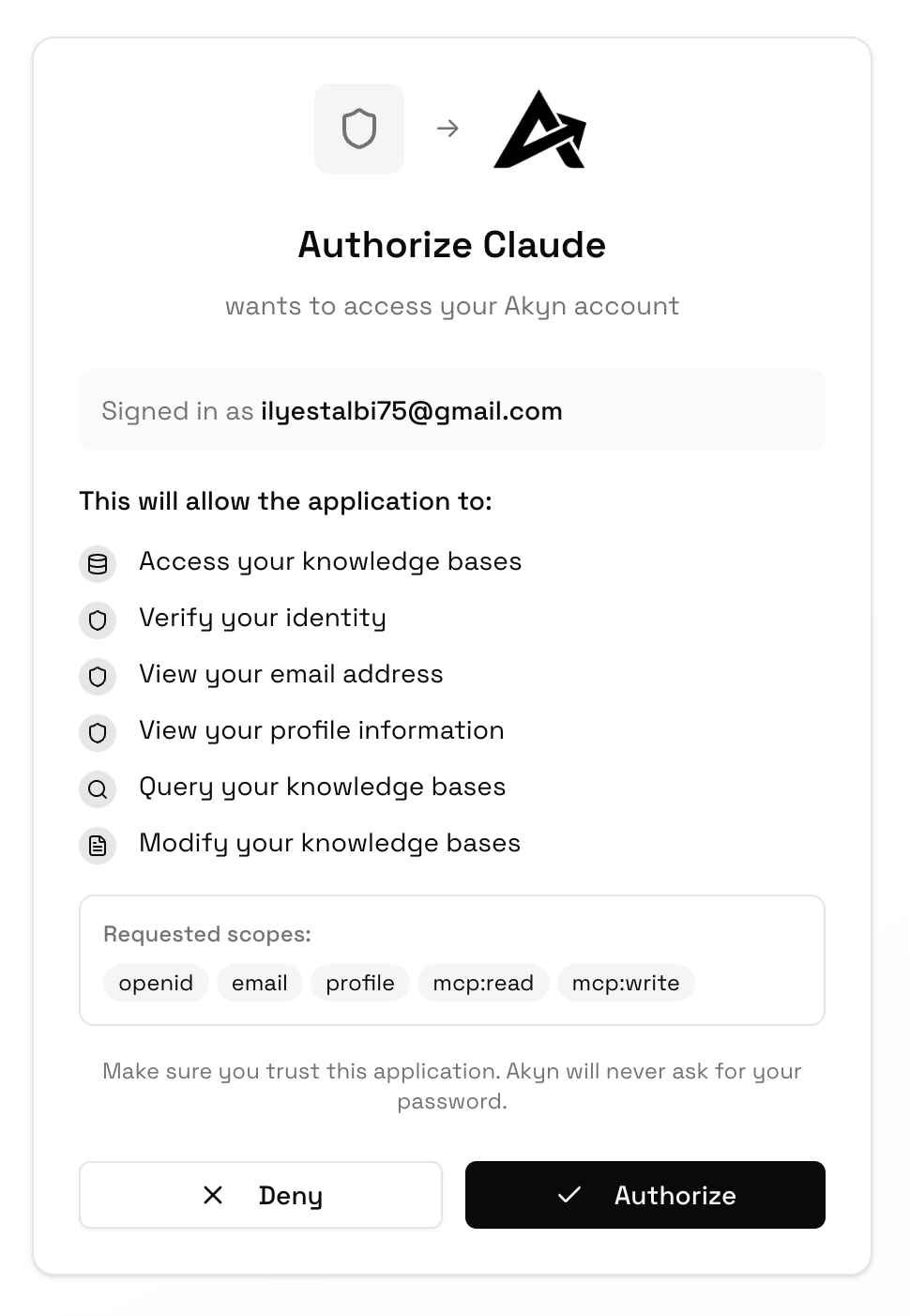 Akyn OAuth authorization panel