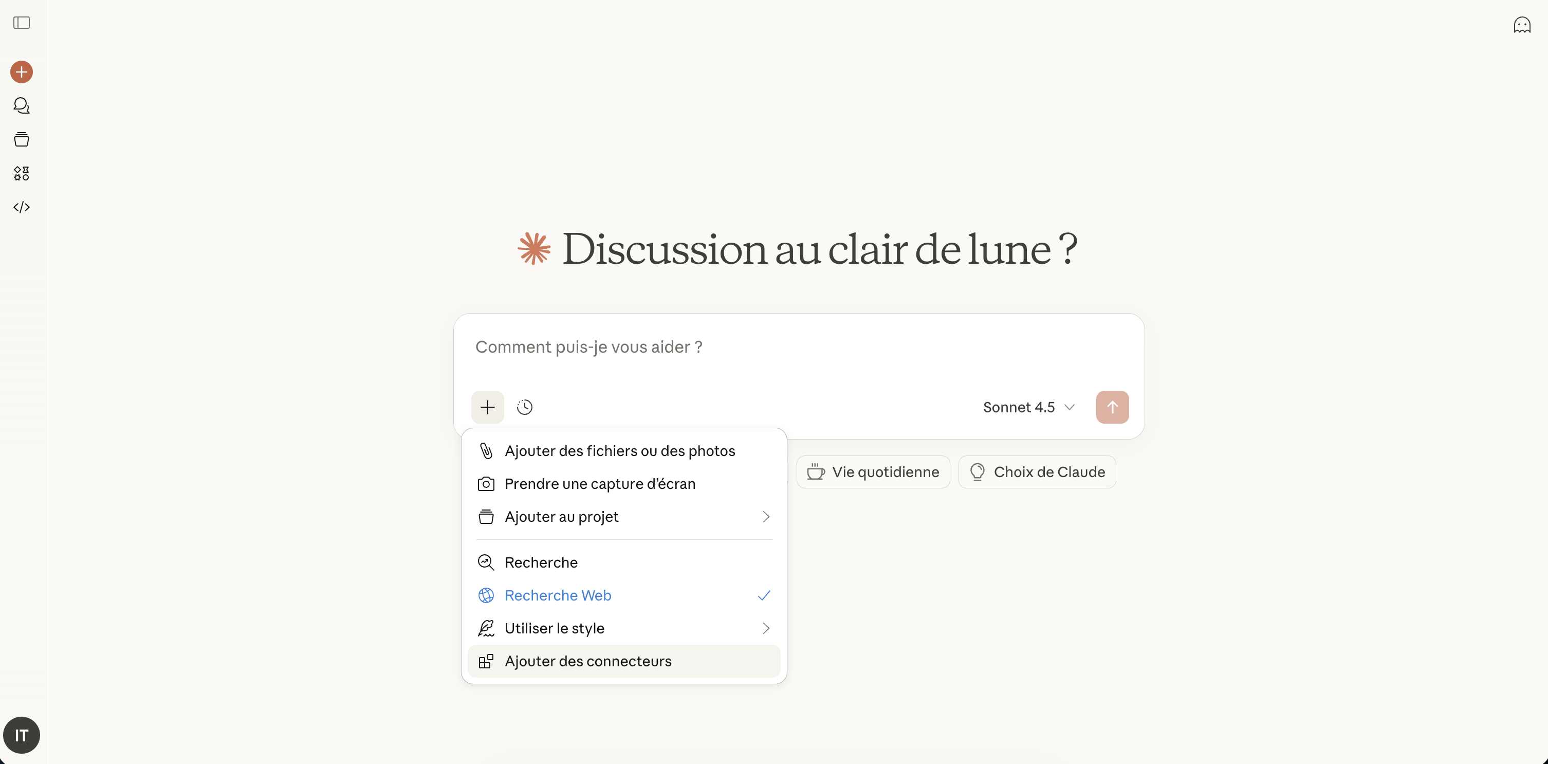 Claude main screen with + button and connectors menu