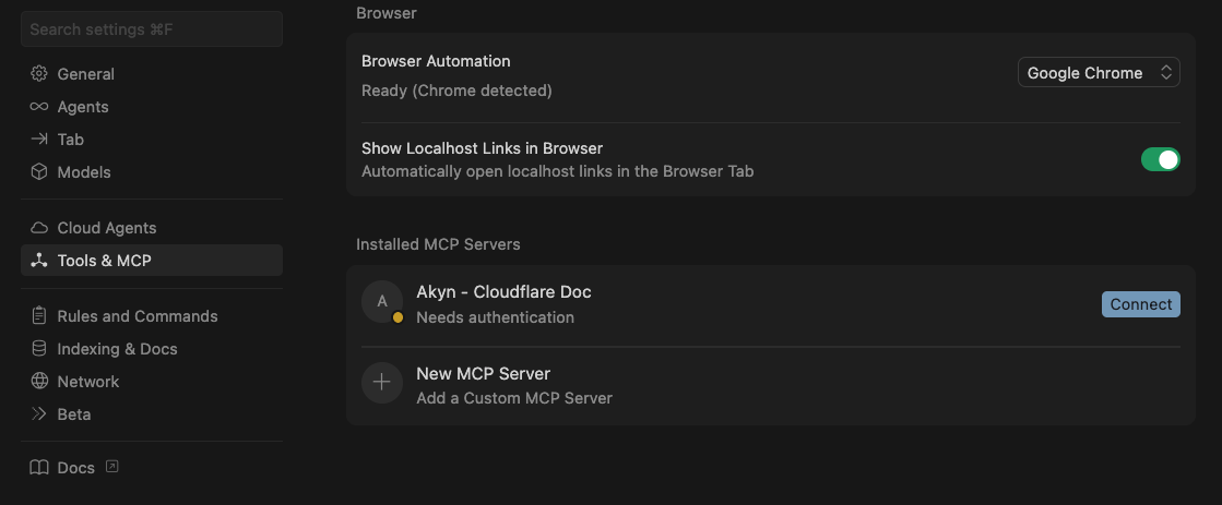 Cursor settings with Tools & MCP section