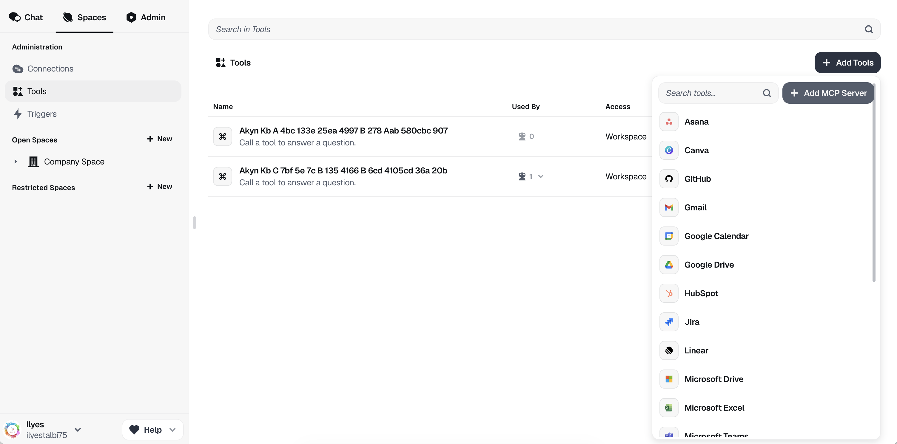 Dust Spaces Tools panel with Add MCP Server option