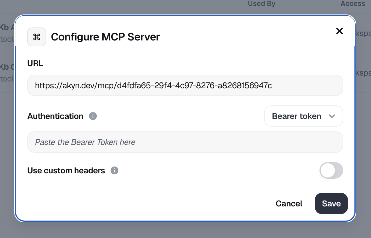 Configure MCP Server dialog with URL and Bearer token fields