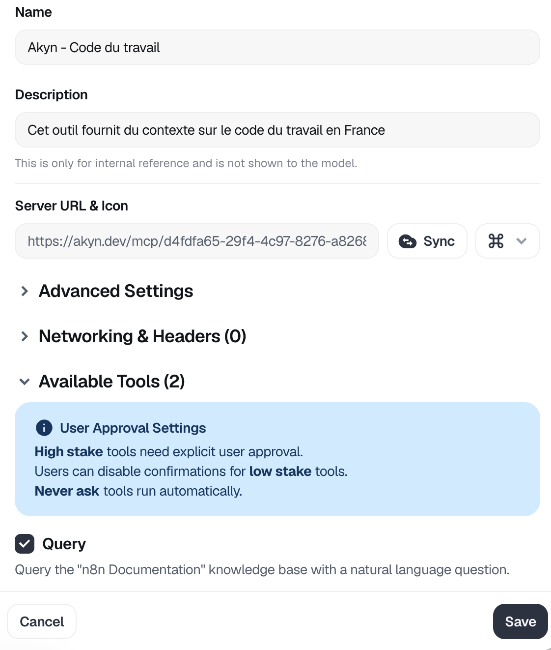 MCP Server configuration panel with name, description and available tools